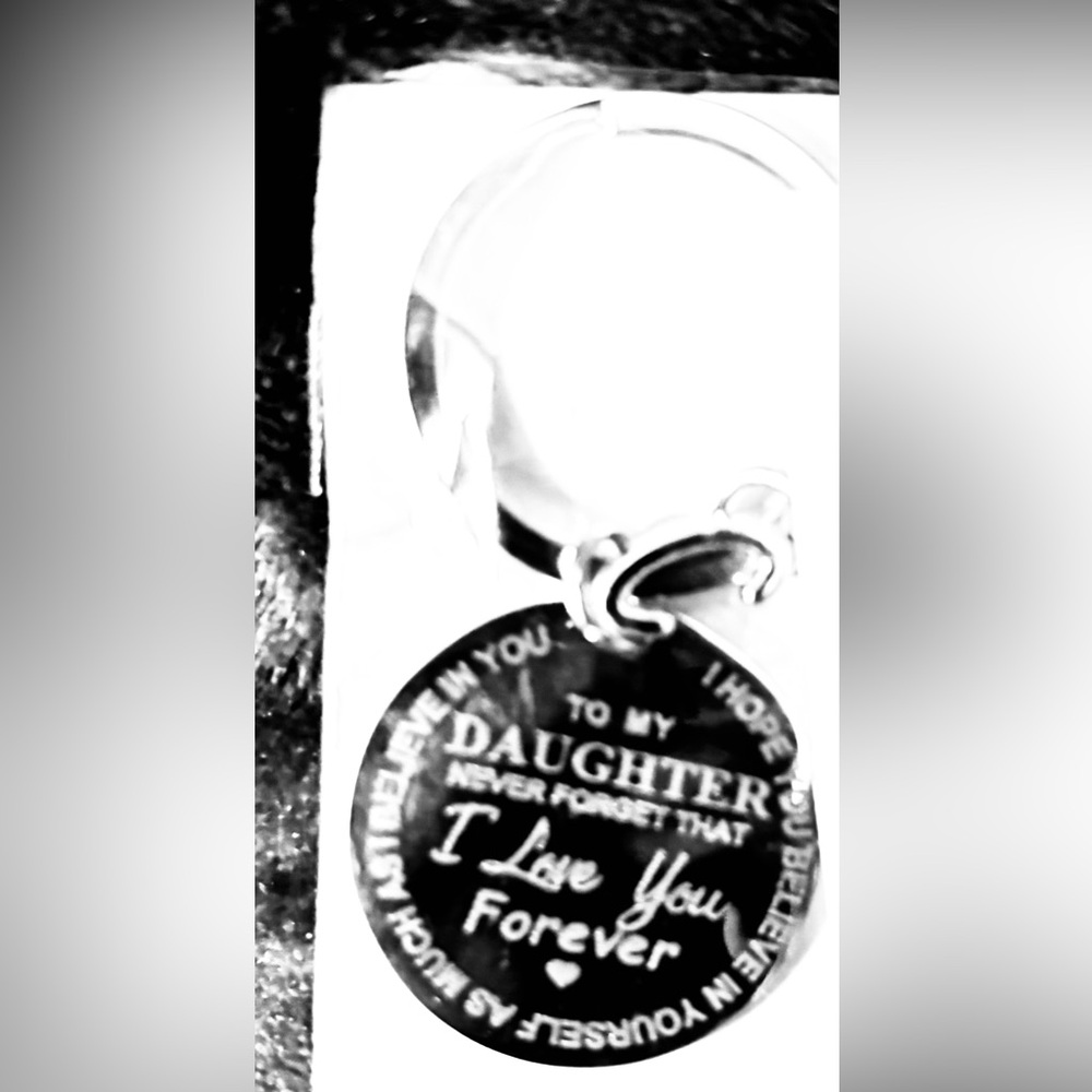 New~Engraved Silver Metal Daughter Keychain w/ Heartfelt Msg & Letter C Charm